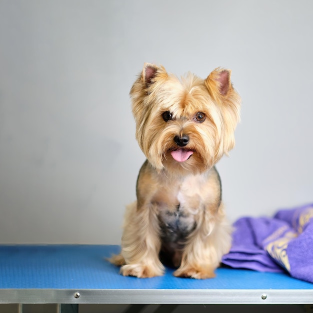 A Yorkshire terrier sits near a towel while grooming on a table