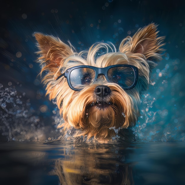 Yorkshire Terrier in sun goggles surf on blue water Illustration AI Generative