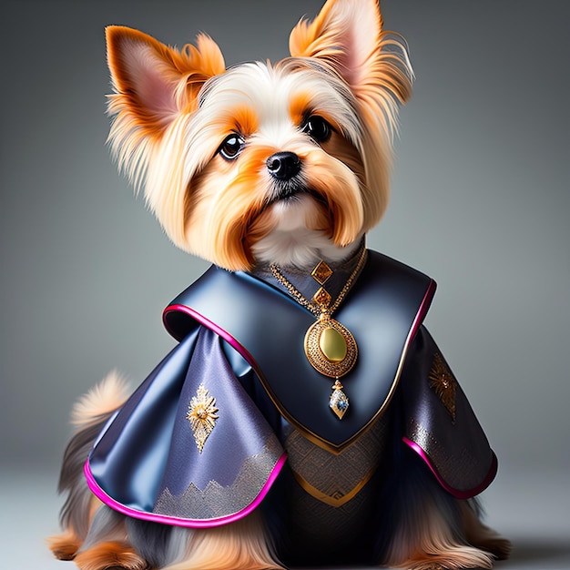 Yorkshire terrier wearing a regal dress Pet portrait in clothing Dog fashion