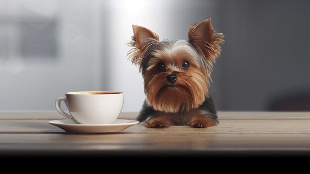 Yorkshire Terrier with a cup of coffee on a wooden table