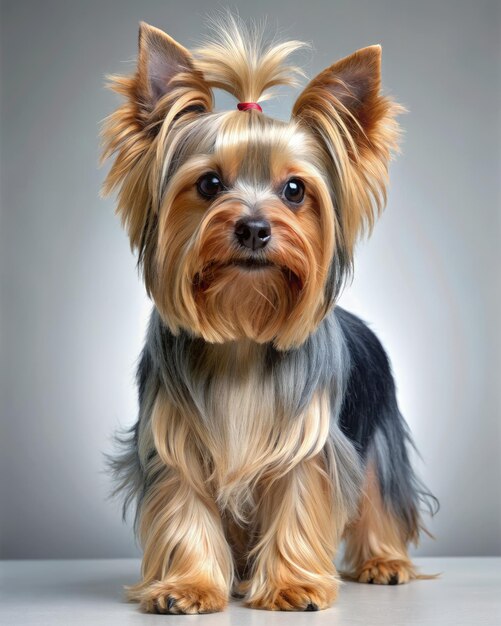 Yorkshire Terrier With Hair Bow Standing on Grey Background Generative AI