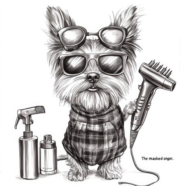 Yorkshire Terrier with hair dryer Ink black and white drawing