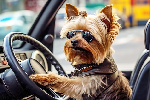 Yorkshire terrier with sunglasses takes control of the automobile enjoying the ride