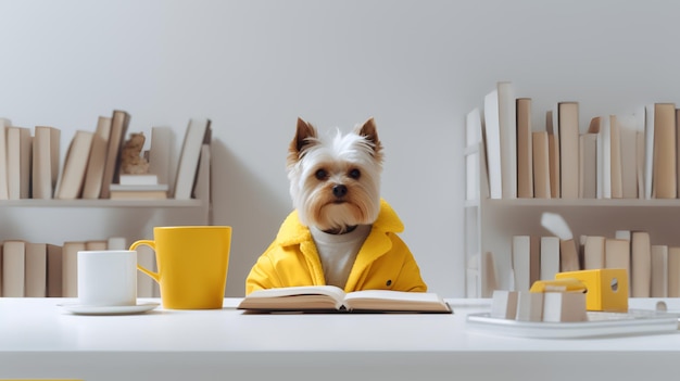 Yorkshire terrier in a yellow sweater and sitting in the workroom with pile of books