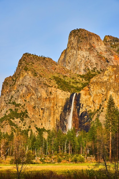 Yosemite iconic bridalveil falls from valley view at sunset