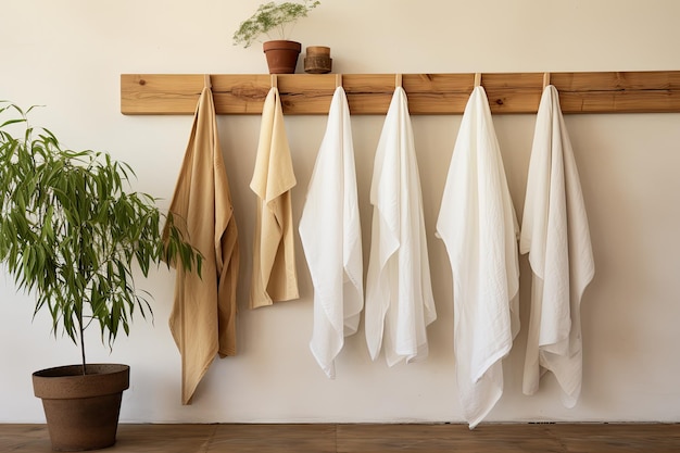 You will find a row of natural muslin kitchen towels gracefully displayed on a unique wooden hanger