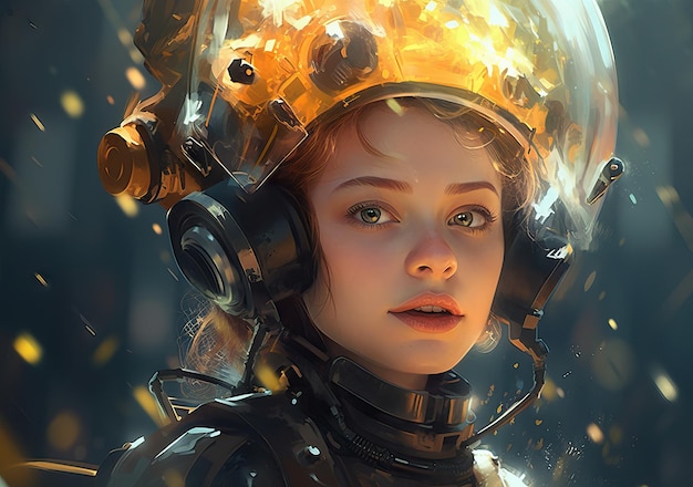 Younf Female astronaut inside of space ship with cinematic tones movie frame image futuristic image