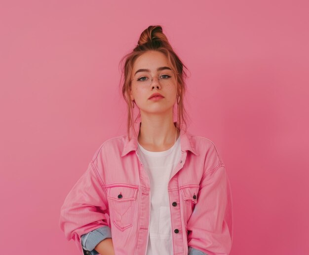 Photo young 27yearold female in shirt observing empty space pink backdrop