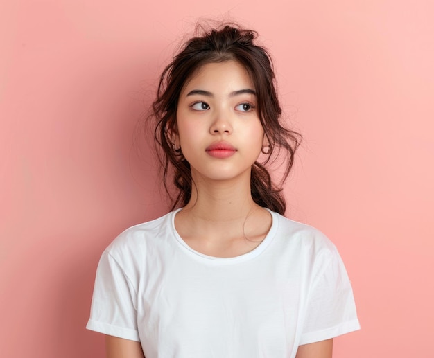 Photo young 27yearold female in shirt observing empty space pink backdrop