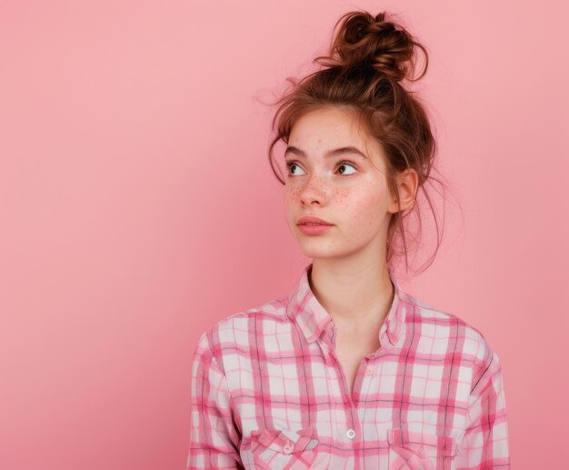 Photo young 27yearold female in shirt observing empty space pink backdrop