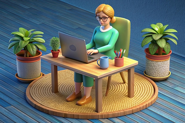 Young 3d woman freelancer working with laptop at home Daily work routine 3d work vector 3d women work at home