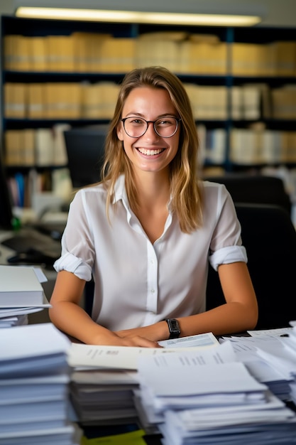 Photo young accountant girl with glasses smiles sitting at desk at work