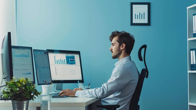 A young actuary sits at a desk in a modern office deeply engrossed in analyzing data