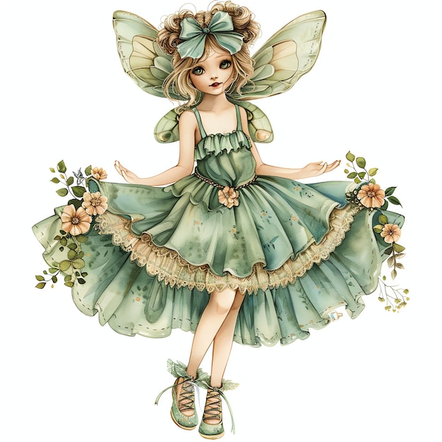 young adorable fairy dressed in a green teal blue sun dress and shoes with her hair up in fluffy