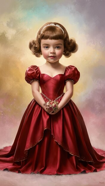 young adorable girl with an innocent expression dressed in a classic red gown