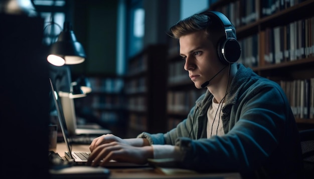 Young adult businessman studying at night serious generated by AI