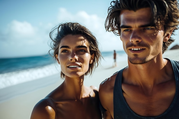 Young Adult couple enjoying summer vacation on beach Generative AI illustration