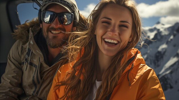 Young Adult Couple Enjoying Their Ski Lift or Tram Ride on a Beautiful Winter Day Generative AI