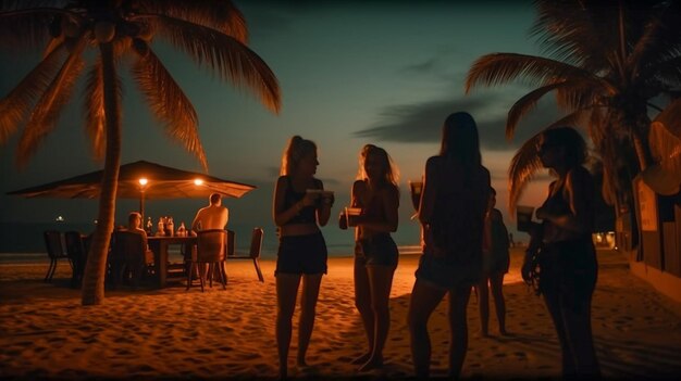 Young Adult Friends With Tropical Drinks Enjoy the Sunset on Their Vacation Generatvie AI