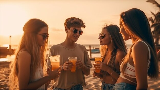 Young Adult Friends With Tropical Drinks Enjoy the Sunset on Their Vacation Generatvie AI