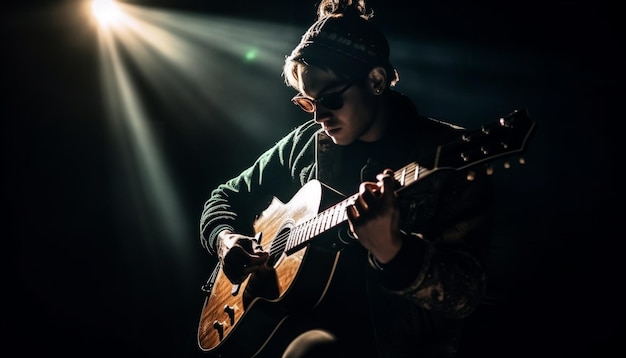 Young adult guitarist performing rock music on stage generated by AI