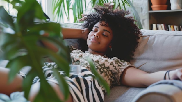 A young adult lounging on a sofa visibly relaxed having completed her monthly bill payments online