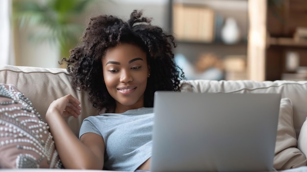 A young adult lounging on a sofa visibly relaxed having completed her monthly bill payments online