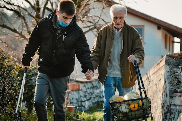 Photo young adult man helping senior adult man with crutches to walk and carry his groceries young adult m