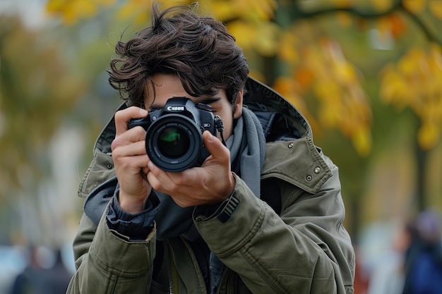 Young adult photographer holding SLR camera focusing