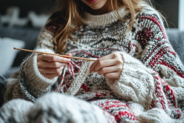 Photo young adult relaxing while knitting