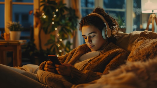 Young adult streaming music on their phone at a cozy home setting