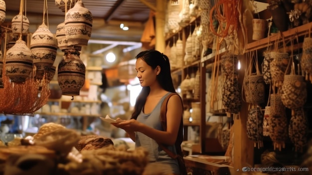 Young adult traveler asian woman with hat shopping souvenir shop