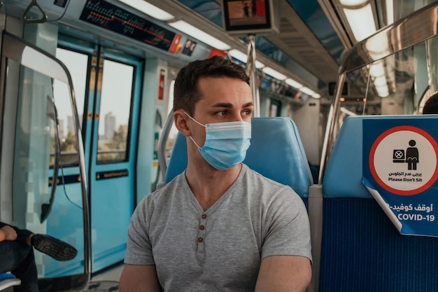 Young adult using respiratory protection with wearing cloth mask on face in public transport