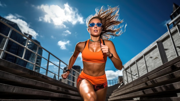 Photo young adult woman engaging in an early morning cardio workout by climbing stairs outdoors under the golden morning sun