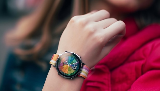 Young adult woman holding elegant wristwatch bracelet generated by AI