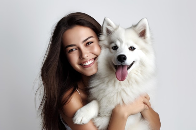 young adult woman holding her dog on white background AI Generated