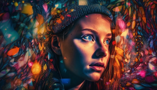 Young adult woman illuminated by colorful nightlife generated by artificial intelligence