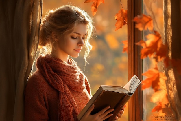 Photo young adult woman reading a book in a cozy corner