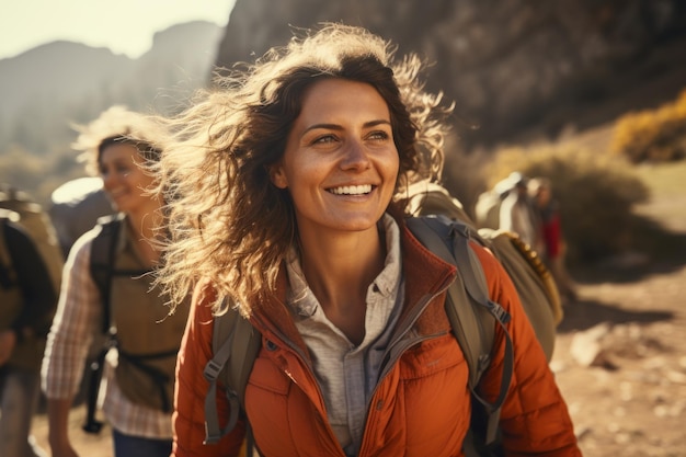 young adult woman traveling hiking along a small river in tropical nature with other tourists or friends and local people fictional place Generative AI