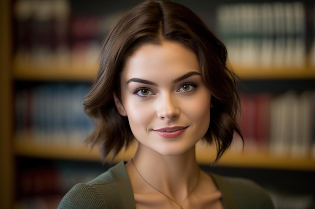 A young adult woman with brown hair looks at the camera in a library setting her face illuminated by skin and publication Ai generated