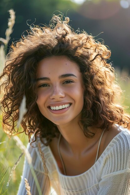 Photo a young adult woman with curly brown hair smiling outdoor happily