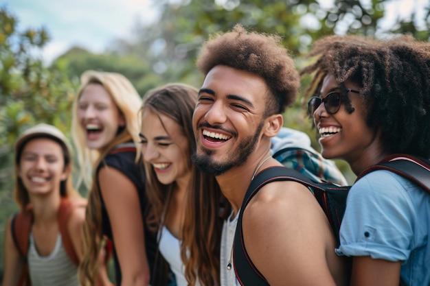 Young adults bonding while enjoying a forest hike together