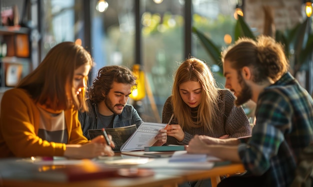 Photo young adults collaborating on a study group at a cafe