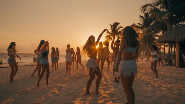 Young Adults Dancing on the Beach Enjoy the Sunset on Their Vacation Generatvie AI