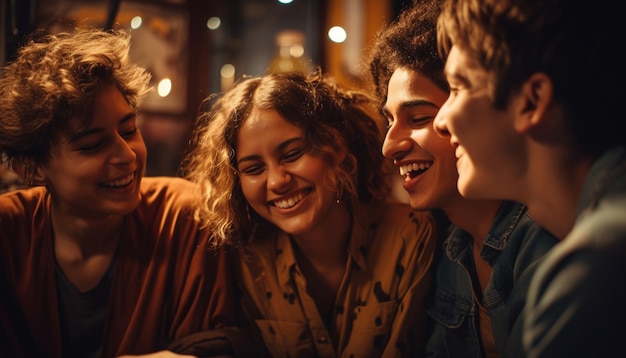 Young adults embrace smiling enjoying nightlife together generated by AI