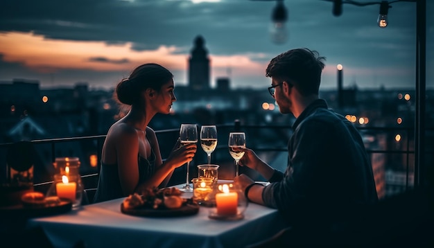 Young adults enjoy wine and cityscape view generated by AI