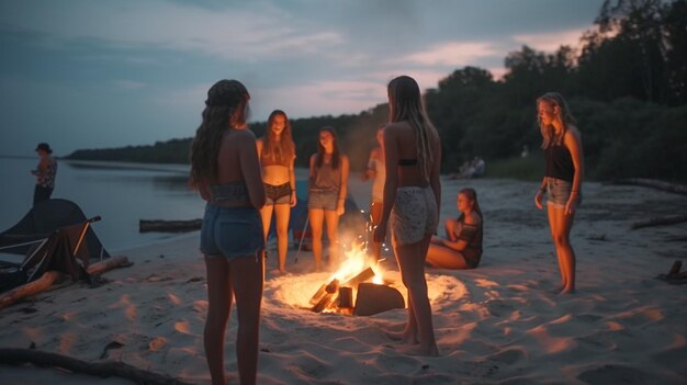 Young Adults Having Fun Enjoy the Bonfire on The Beach Generatvie AI