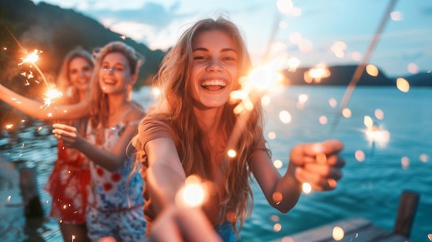 Young Adults Having Fun With Sparklers at the Lake Generative AI