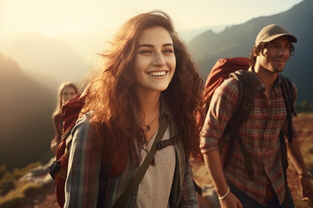 Young adults hiking mountain smiling with backpacks