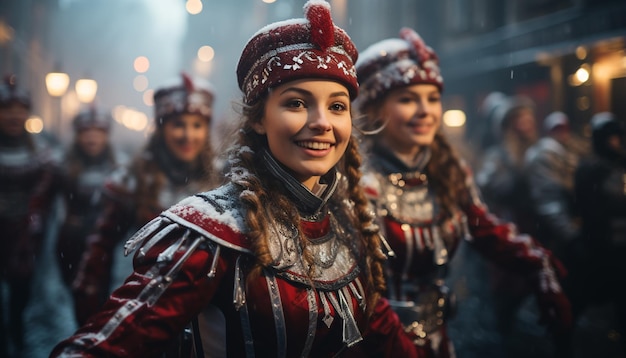 Young adults smiling outdoors celebrating winter festival illuminated night joyful togetherness generated by AI